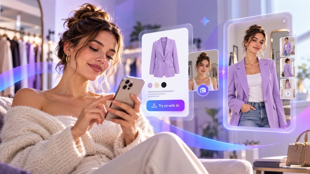 Cliente che prova virtualmente un abito dallo smartphone nella scheda prodotto di un e-commerce