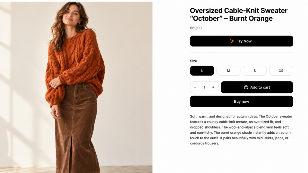 Virtual Try-On WooCommerce plugin: Try it on button on a fashion WordPress store product page